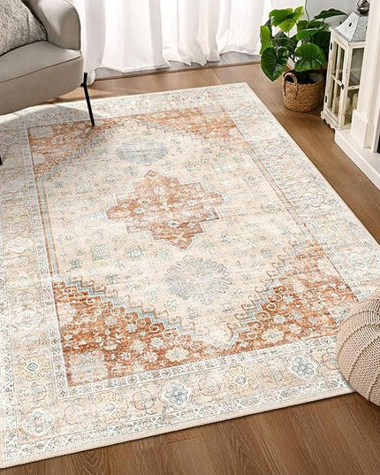 MUJOO 3x5 Rug Washable,Boho Area Rug for Bedroom Entryway Living Room Bathroom,Small Non Slip Indoor Throw Carpet Low Pile Terracotta