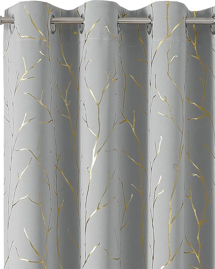 BUHUA Blackout Curtains 72 Inches Long, Gold Foil Print Pattern Room Darkening Curtain, Living Room Curtains & Drapes, Thermal Insulated Window Panel Set, 52 x 72 Inch, Silver
