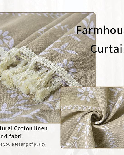 Tan Boho Curtains 96 Inch Length Linen Curtains for Living Room 2 Panels, Vintage Farmhouse Printed Floral Curtain Rustic Curtain Drapes