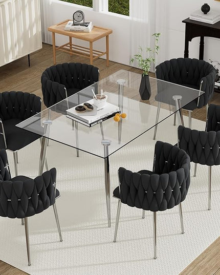 7 Piece Modern Glass Dining Room Set, 51'' Luxury Minimalist Dinner Room Set for 6, 6 Person Clear Glass Rectangle Kitchen Table with Black Woven Chair, for Living Room Small Place (Silver)
