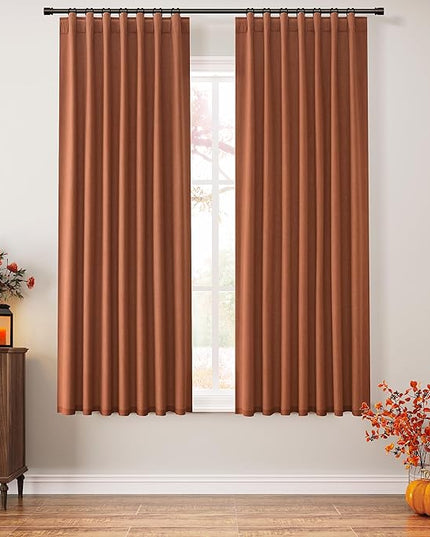 Guken Terracotta Linen Blackout Curtains 63 Inch Length 2 Panels Set Fall Curtains for Living Room Bedroom Back Tab Thermal Insulated 100% Black Out Linen Drapes，52x63