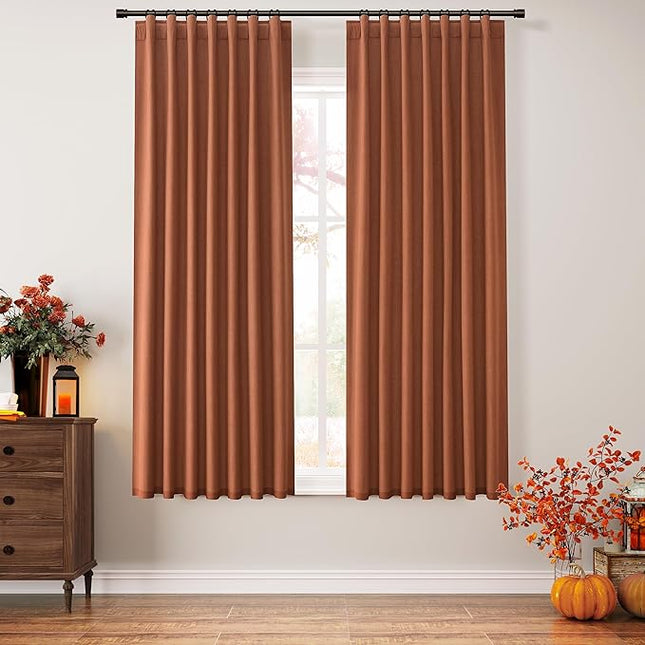 Guken Terracotta Linen Blackout Curtains 63 Inch Length 2 Panels Set Fall Curtains for Living Room Bedroom Back Tab Thermal Insulated 100% Black Out Linen Drapes，52x63