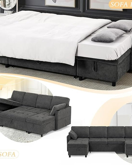 110" Fabric Pull-Out Couch Bed w/Adjustable Backrests, Sectional Sleeper Sofa w/USB Ports & 2 Cup Holders, Upholstered U-Shaped Couch w/Storage Chaise for Living Room, House, Grey