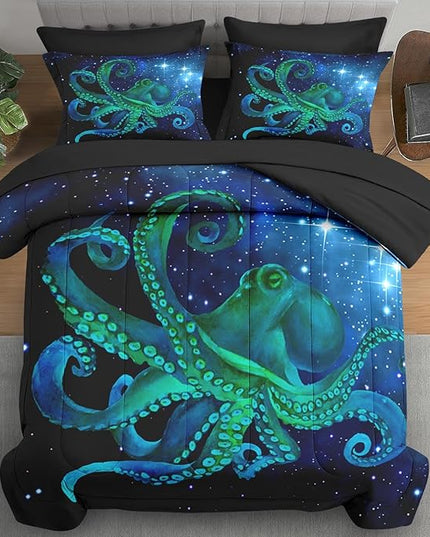Comforter Set Full Size, Blue Octopus Sea 7 Pcs Bedding for Kids and Adults, Space Colorful Star Bed Sheet Sets with Fitted Sheet 2 Pillowcases & 2 Shams for Bedroom Bed Decor