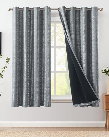jinchan 95% Blackout Boho Curtains 63 Inch Length for Bedroom White on Grey Geometric Printed Grommet Top Room Darkening Thermal Insulated Window Drapes 2 Panels