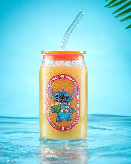JoyJolt Disney Stitch Island Vibes Glass Tumblers with Lids and Straws, 16oz Glass Cups with Lids and Straws, Can Shaped Drinking Glasses Set of 4, Stitch Stuff, Disney Gifts for Adults