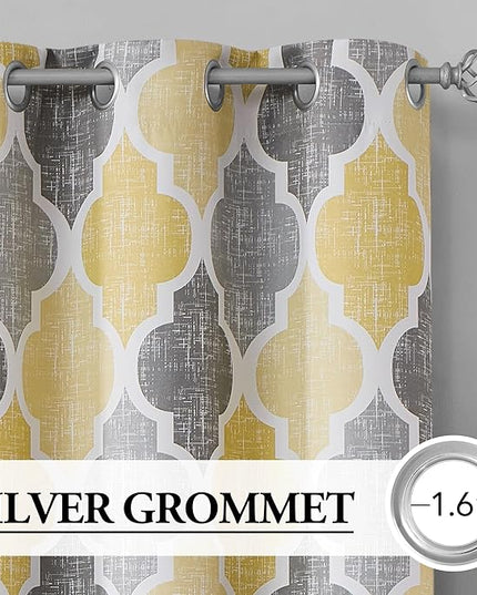 Beauoop 100% Blackout Curtains 63 Inches Long 2 Panels for Bedroom Living Room Yellow Grey Moroccan Geo Room Darkening Thermal Insulated Soundproof Grommet Top Window Treatments Drapes, 50x63 Set of 2