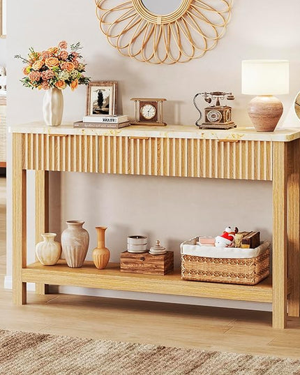 47.2" Fluted Console Table with 3 Drawers, Long Sofa Table with Storage Behind Couch, Modern Entryway Table with Power Outlet & Open Storage for Entrance/Hallway/Foyer/Living Room, Oak