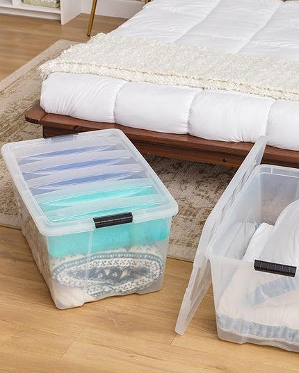 IRIS USA 94 Qt Stackable Plastic Storage Bins with Lids, 4 Pack - BPA-Free, Made in USA - See-Through Organizing Solution, Latches, Durable Nestable Containers, Secure Pull Handle - Clear