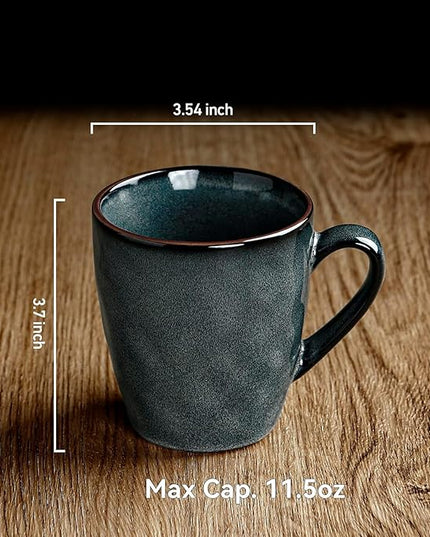 famiware Coffee Mugs Set of 4, Ocean Round 11.5oz Coffee Cup Set with Handle for Cocoa, Milk, Hot Chocolate, Tea or Water, Stoneware Cups for Kitchen, Microwave Dishwasher Safe, Deep Forest
