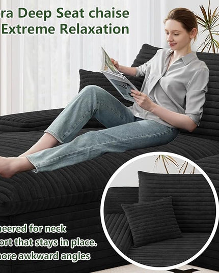 107" Cloud Couch Modular Sectional Sofa for Living Room, U-Shape Boneless Couch with Deep Seat, Modern Corduroy 3-Seater with Ottoman, No Assembly Required (Black,Left-Facing Chaise)