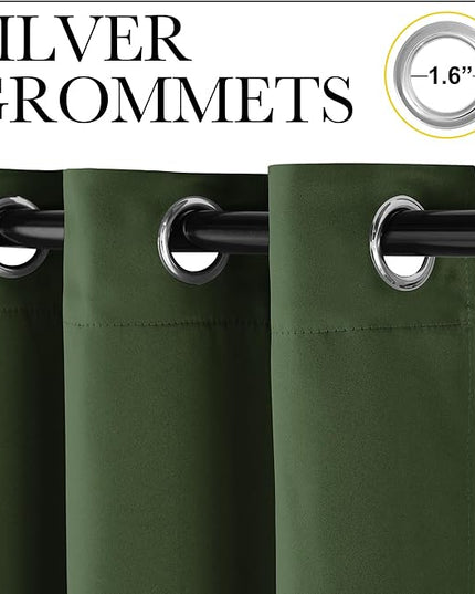 NICETOWN Dark Green Curtains for Bedroom, Grommet Blackout Window Treatments Faux Silk Room Darkening Thermal Window Treatments for Kids Room, 2 Panels, W52 x L63