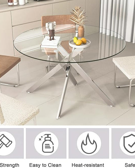 5 Piece Round Dining Table Set for 4, Modern Glass Kitchen Dining Room Table Set for 4, 47" Circle Silver Glass Metal Dining Table with 4 White PU Leather Dining Chairs for Kitchen Dining Room