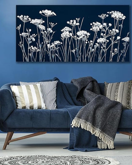 HUADAOART Canvas Wall Art Navy Blue and White Dandelion Wildflower 24" x 48" Artwork Modern Home Decor for Living Room Bedroom Office Decor Ready To Hang