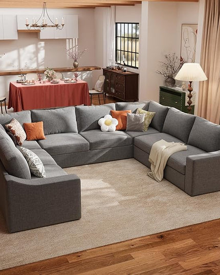 ABCASA Oversized 136" Modular Sectional Sofa, Deep Seat U Shaped Couches for Living Room, Breathable Linen Fabric Corner Couch, Easy to Assemble, Grey
