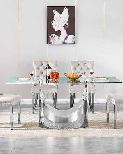 5 Piece Dining Table Set, Modern Glass Dining Table Set for 4 with Velvet Chairs, 70" Luxury Dining Table Chairs Set of 4, Kitchen Dining Room Sets for Dinner Dinette Breakfast Banquet, Beige+Silver