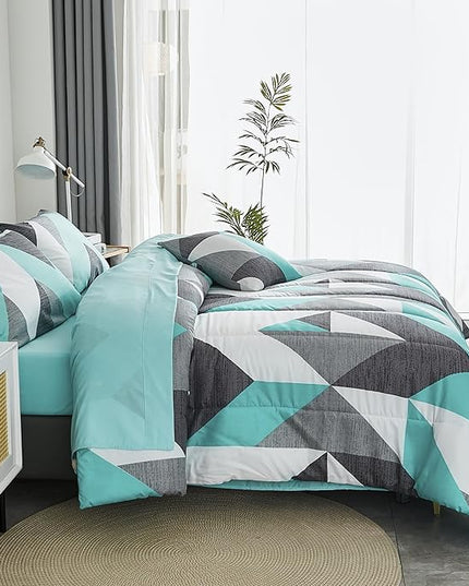 Bedbay Teal Comforter Set with Sheets Lightweight Summer Comforter Queen Size Bed in a Bag Geometric Chevron Bed Set Bedroom Decor Aesthetic Grey and Turquoise Down Comforter Set (Teal&Grey,Queen)