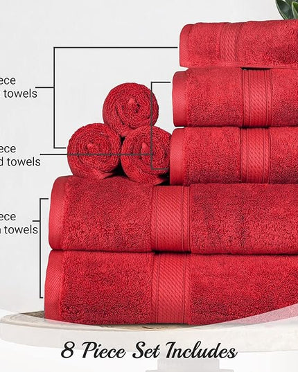 Superior Egyptian Cotton Pile 8 Piece Towel Set, Includes 2 Bath, 2 Hand, 4 Face Towels/Washcloths, Ultra Soft Luxury Towels, Thick Plush Essentials, Guest Bath, Spa, Hotel Bathroom, Red