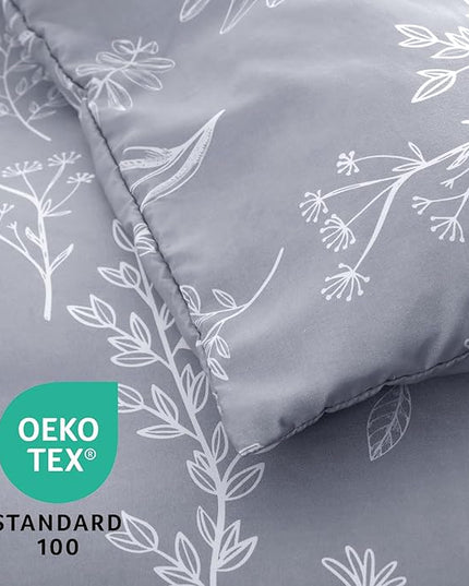 MUXHOMO Light Grey Bed in a Bag Queen 7 Pieces, Queen Comforter Set Reversible Botanical Flowers Design, Ultra Soft & Breathable Bedding Sets with Comforter, Sheets, Pillowcases & Shams