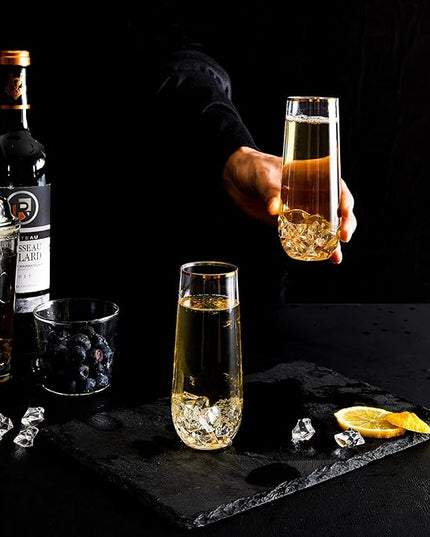 N9R 12PCS Plastic Champagne Flutes, 9 oz Stemless Disposable Gold Rim Toasting Glasses, Crystal Clear Cocktail Cups Drinkware Shatterproof Ideal for Party Wedding Birthday