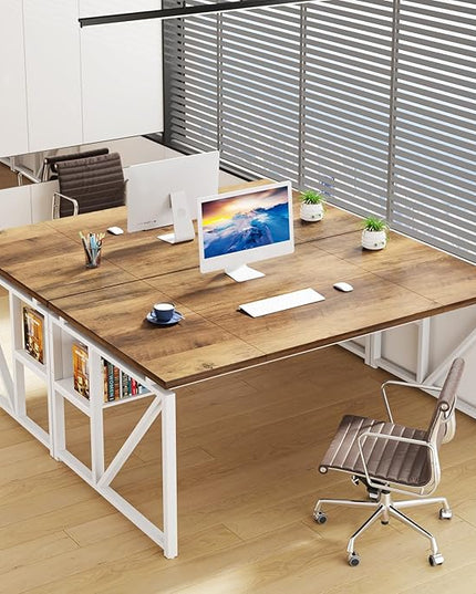 Tribesigns 63 inches Computer Desk with Bottom Storage Shelf Home Office Desk Writing Table for Workstation,Dark Walnut + Steel Leg， Cabinet not Included (Light Walnut, 63-inch-with Shelf)