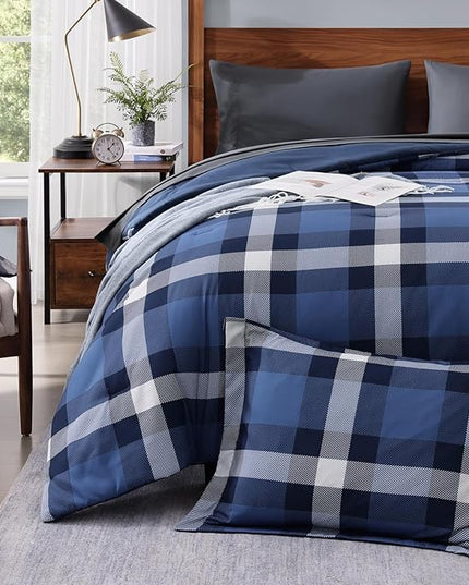 MaiRêve Queen Size Plaid Comforter Set Indigo Blue, Classic Checkered 7 Pieces Farmhouse Bedding Set, All Season Lightweight Bed in A Bag with Sheets, Pillowcases & Shams