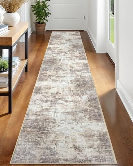IOHOUZE Abstract Runner Rug 2x12 Ft Washable Runners for Hallways, Non Slip Kitchen Runner Printed Faux Wool Entryway Runner Indoor, Modern Abstract Floor Carpet for Hall Kitchen, Beige Brown