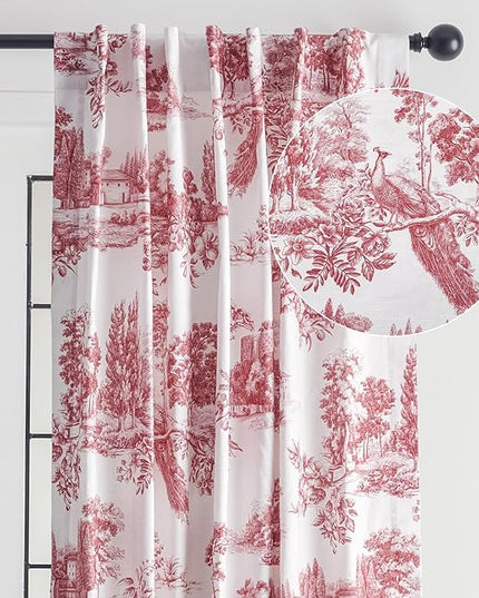Maison d' Hermine Curtains for Living Room 100% Cotton 108 inch Length One Panel Light Filtering Toile Curtains for Bedroom Windows with Rod and Loop Pockets Drapes (Trianon Red, 50" W x 108" L)
