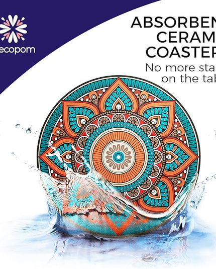 Mandala Drink Coasters with Holder - 8 Set Ceramic Boho Coaster for Drinks Absorbent with Cork Base and Black Holder - Coasters for Coffee Table Apartment Wooden Bar Mugs Glasses Cup Beer