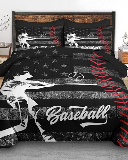 Comforter Set Full Size, Baseball American Flag 7 Pcs Bedding for Kids and Adults, America Athlete Sport Bed Sheet Sets with Fitted Sheet 2 Pillowcases & 2 Shams for Bedroom Bed Decor
