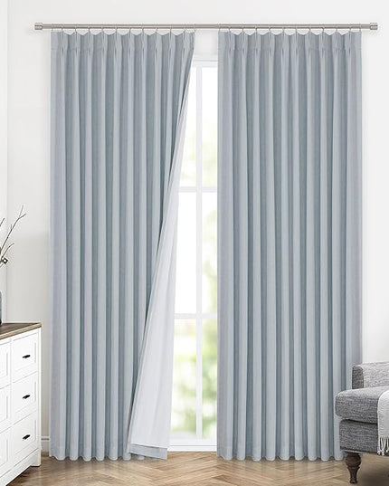 Vision Home Blue Fog Pinch Pleated Full Blackout Curtains Linen Blended Room Darkening Window Curtains 95 inch for Living Room Bedroom Thermal Insulated Pinch Pleat Drapes with Hooks 1 Panel 60"Wx95"L