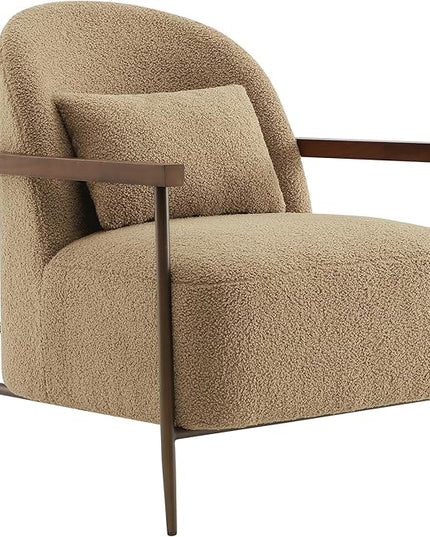CHITA Accent Chair for Living Room, FSC Certified Modern Upholstered Faux Sherpa Fabric Armchair with Metal Frame and Wooden Armrests, Camel