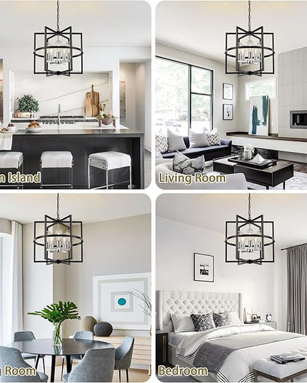 19'' Modern Farmhouse Chandelier 5-Light Black Brushed Nickel Chandelier with Industrical Metal Cage, Adjustable Geometric Pendant Light Fixture for Dining Room Kitchen Living Room Entryway