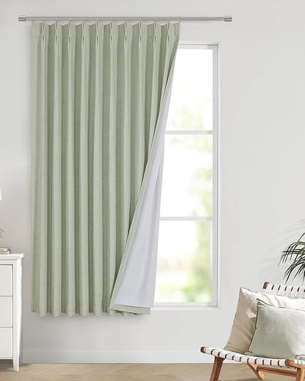 Vision Home Soft Green Pinch Pleated Full Blackout Curtains Linen Blended Room Darkening Window Curtains 63 inch for Living Room Bedroom Thermal Insulated Pinch Pleat Drapes with Hooks 60" Wx63 Lx1