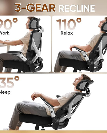 GABRYLLY Ergonomic Office Chair, Home Mesh Desk Chair with Adjustable Lumbar Support, 5D Arms & Wide Seat, 135° Recline Big and Tall Computer Chairs for Work Gaming, Heavy Duty,300LBS