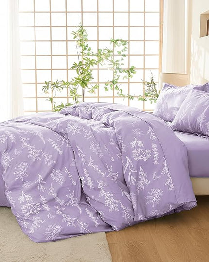 MUXHOMO Lavender Cal King Comforter Set, Elegant Floral Print Bed in a Bag 7 Pieces, Ultra Soft & Breathable Reversible Botanical Pattern Bedding Set with Comforter, Sheets, Pillowcases, and Shams