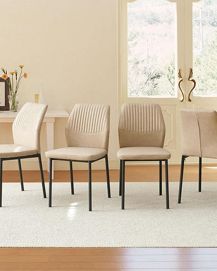 PU Leather Dining Chairs Set of 4, Mid-Century Modern Beige Leather Kitchen Chairs, Armless Dining Room Chairs with Black Metal Legs for Dining Room, Living Room