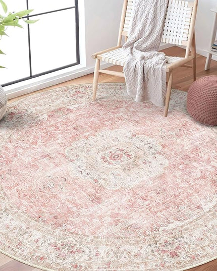 Pink Round Rug 6ft,Large Circle Area Rugs for Bedroom Living Room,Washable Boho Vintage Bohemian Distressed Oriental Floral Carpet Non Slip,Blush