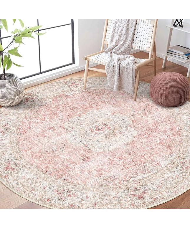 Pink Round Rug 6ft,Large Circle Area Rugs for Bedroom Living Room,Washable Boho Vintage Bohemian Distressed Oriental Floral Carpet Non Slip,Blush