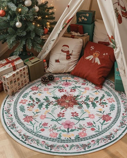 Wonnitar Christmas Decorations for Bedroom, Round Christmas Rug for Entryway Indoor, 4ft Washable Circle Rug Holiday Decor Non Slip Small Round Carpet for Living Room Kids Room Bathroom Xmas Tree