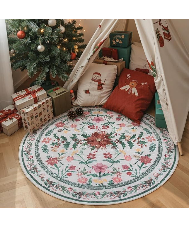 Wonnitar Christmas Decorations for Bedroom, Round Christmas Rug for Entryway Indoor, 4ft Washable Circle Rug Holiday Decor Non Slip Small Round Carpet for Living Room Kids Room Bathroom Xmas Tree