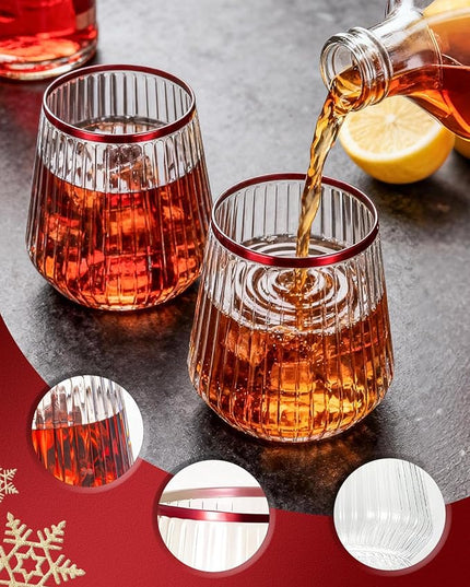 BESTSTAR 36 Pcs 12 oz Plastic Clear Red Rim Ribbed Wine Glasses, Origami Ripple Disposable Champagne Glasses Elegant Whiskey Glasses Ideal for Weddings, Bars, Christmas, Pool Party, Daily Use