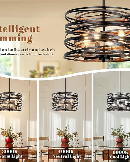 Farmhouse Chandelier,15" Drum Semi Flush Mount Chandelier Rustic Wood Grain Black Farmhouse Chandeliers for Dining Room Retro Metal Entryway Light Fixture Pendant Light for Foyer Kitchen Bedroom