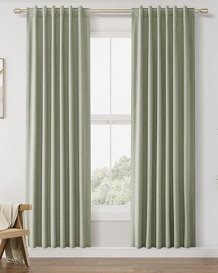 Guken 100% Blackout Linen Curtains 42 Inch Wide by 96 Inch 2 Panels Set for Living Room Bedroom Back Tab Thermal Insulated Black Out Linen Drapes Room Darkening Window Curtains, Sage Green