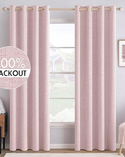MIULEE Linen Texture Curtains for Bedroom Solid 100% Blackout Thermal Insulated Pink Curtains Grommet Room Darkening Drapes for Living Room Nursery 52x72 Inch (2 Panels)