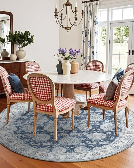 jinchan Fiora Round Rug 8ft Area Rug - Dark Blue Vintage Floor Mat Indoor Ultra-Thin Soft Floral Print - Washable Circle 8' Retro Accent for Farmhouse Non Slip Dining Room Living Room Bedroom Office