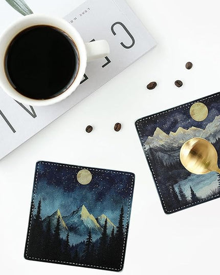 Marble Coasters Square Leather Drinks Coaster Set with Holder for Coffee Table Bar Home Decor 4 Inches Set of 6 (Forest Night, One Size)
