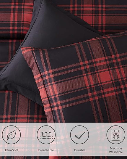 MaiRêve King Comforter Set, Classic Red Black Plaid Bedding Set 7 Pieces, Farmhouse Lightweight All Season Bed in a Bag with Sheets, Pillowcases & Shams