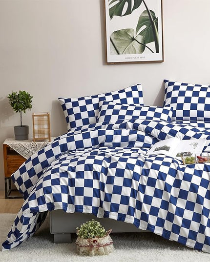 CLOTHKNOW Blue White Plaid Queen Comforter Set Grid Bedding Comforter Sets Checkerboard Comforter Royal Blue White Comforter with 2 Pillow Cases