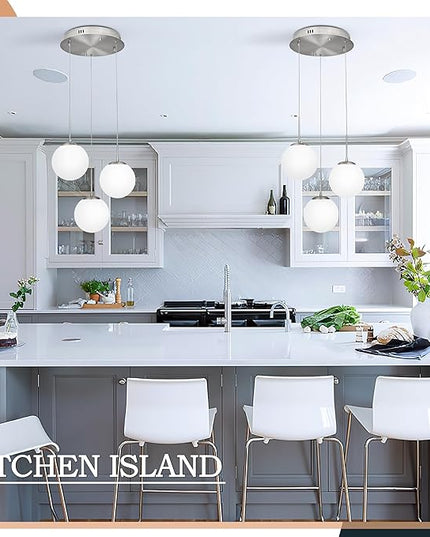 KoKo&Yukina 3-Light Globe Glass Pendant Light Modern Nickel Glass Chandelier Adjustable Length Pendant Lights Fixtures with Milky White Globe Ceiling Light for Kitchen Island (Bulb & Remote Incl.)